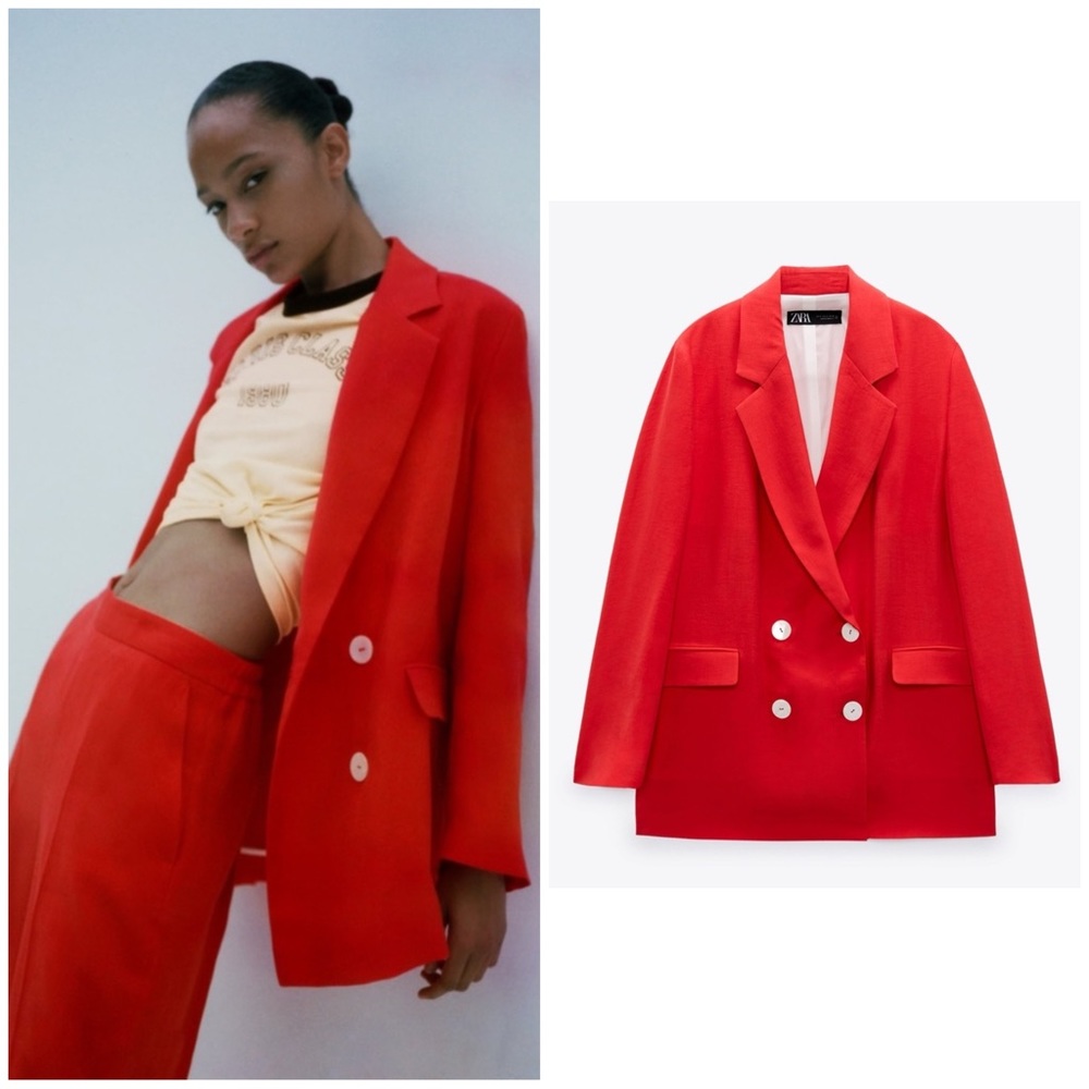 ZARA ~ OVERSIZED Red DOUBLE BREASTED Linen blend blazer